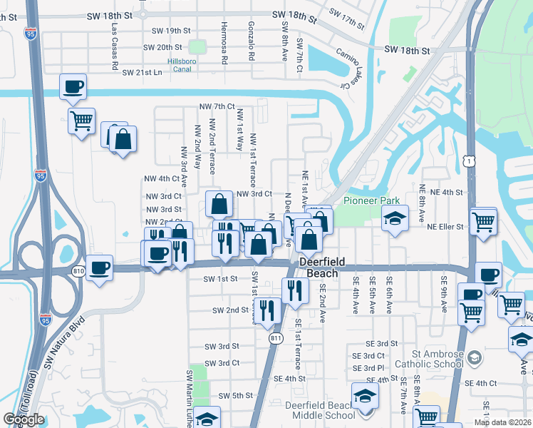 map of restaurants, bars, coffee shops, grocery stores, and more near 349 Northwest 1st Avenue in Deerfield Beach