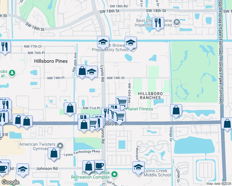 map of restaurants, bars, coffee shops, grocery stores, and more near 7332 Northwest 45th Avenue in Coconut Creek