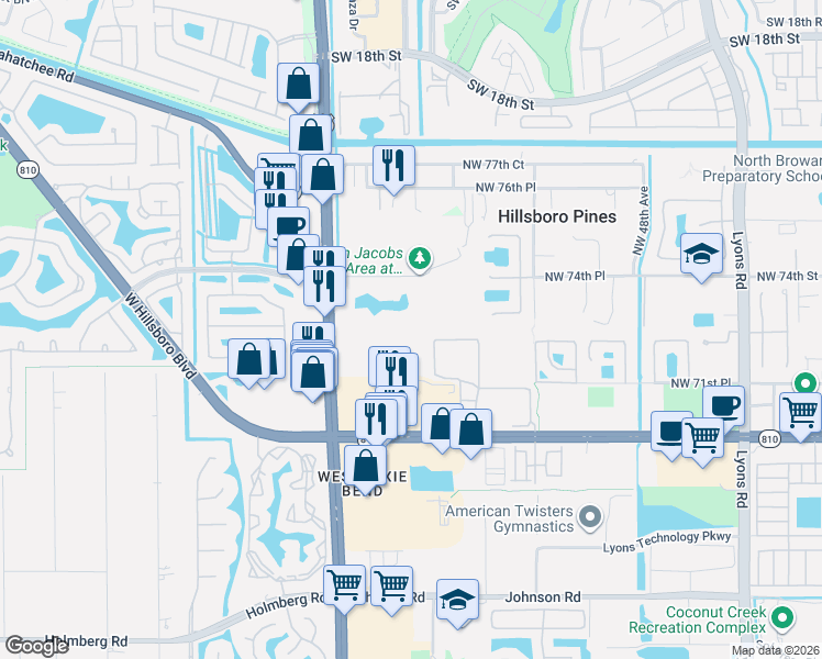 map of restaurants, bars, coffee shops, grocery stores, and more near NW 74th PI in Coconut Creek