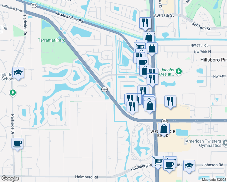 map of restaurants, bars, coffee shops, grocery stores, and more near 7352 Northwest 61st Terrace in Parkland