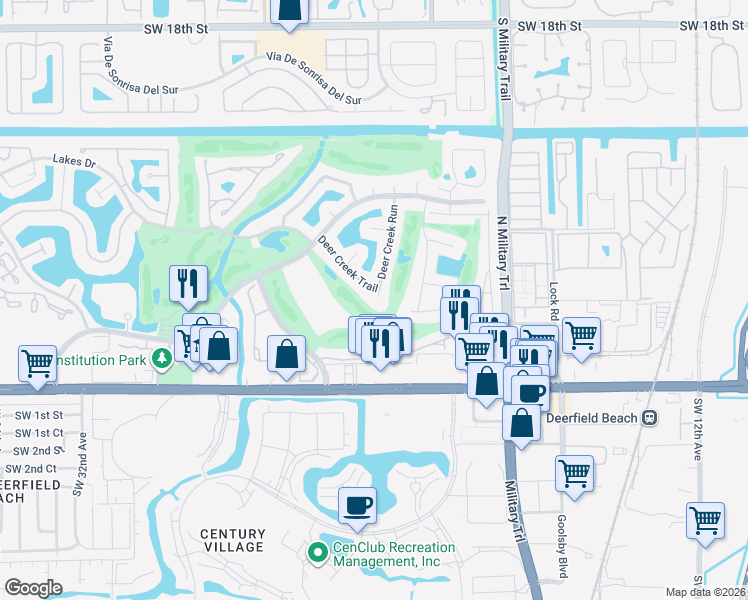 map of restaurants, bars, coffee shops, grocery stores, and more near 303 Deer Creek Run in Deerfield Beach