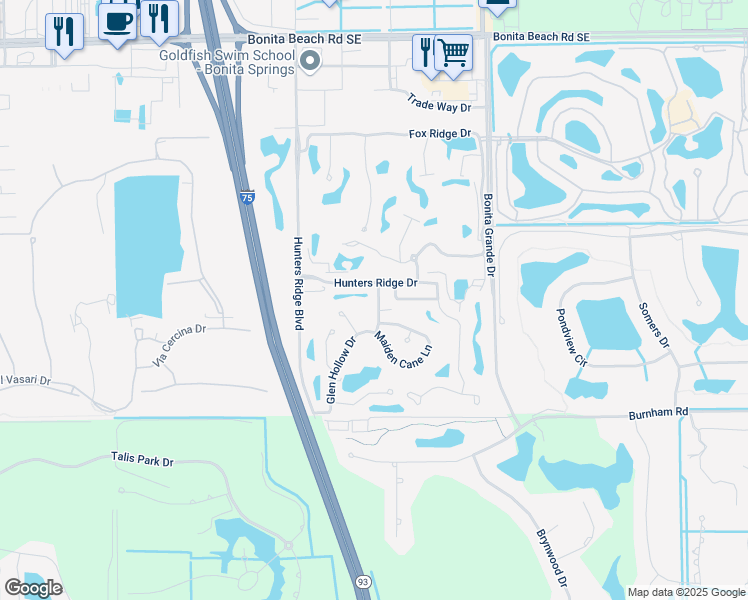 map of restaurants, bars, coffee shops, grocery stores, and more near 12655 Hunters Ridge Drive in Bonita Springs