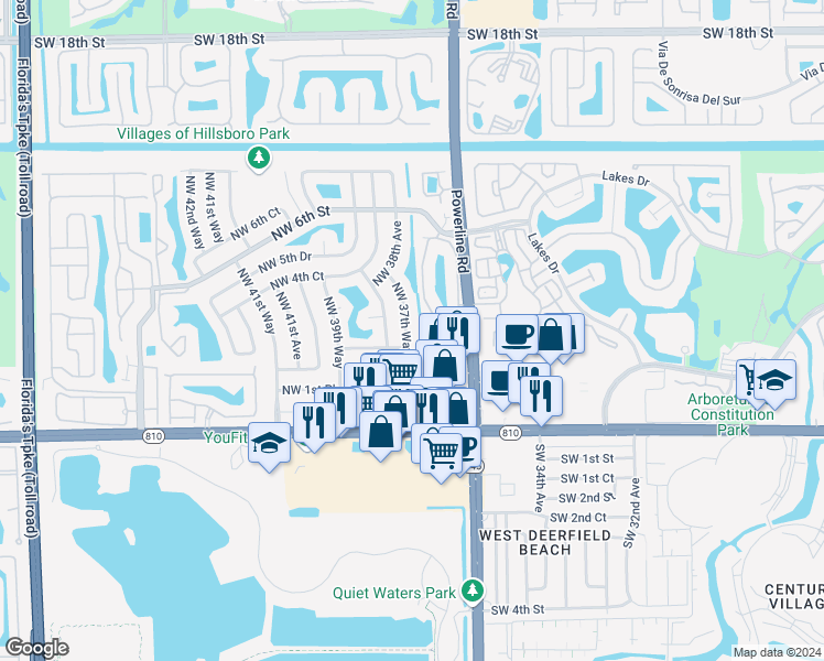 map of restaurants, bars, coffee shops, grocery stores, and more near 284 Northwest 37th Way in Deerfield Beach