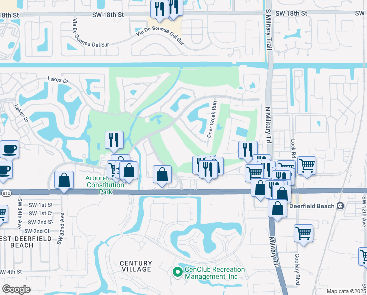 map of restaurants, bars, coffee shops, grocery stores, and more near 2306 Deer Creek Trail in Deerfield Beach