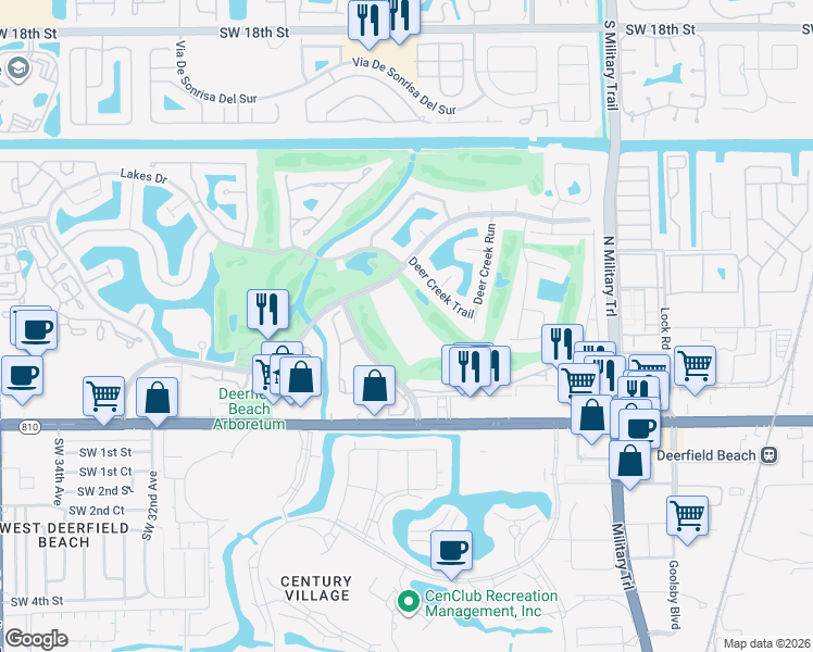 map of restaurants, bars, coffee shops, grocery stores, and more near 2306 Deer Creek Trail in Deerfield Beach