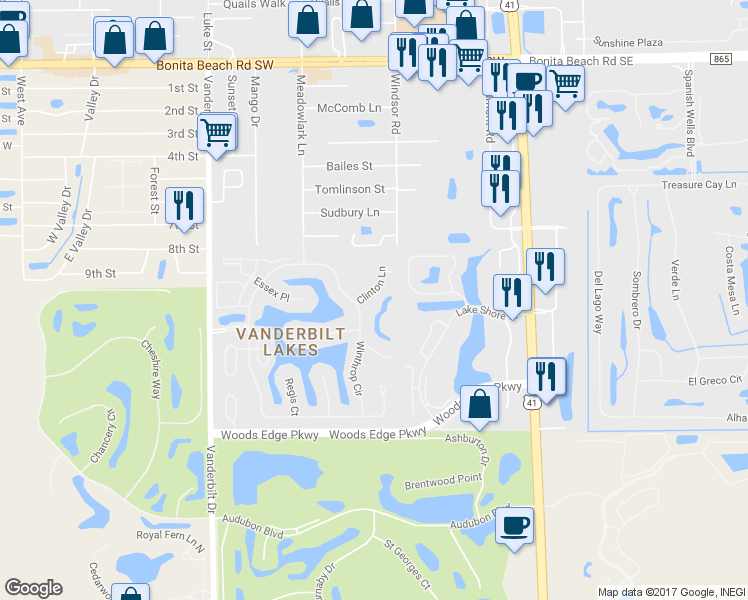 map of restaurants, bars, coffee shops, grocery stores, and more near 28575 Clinton Lane in Bonita Springs