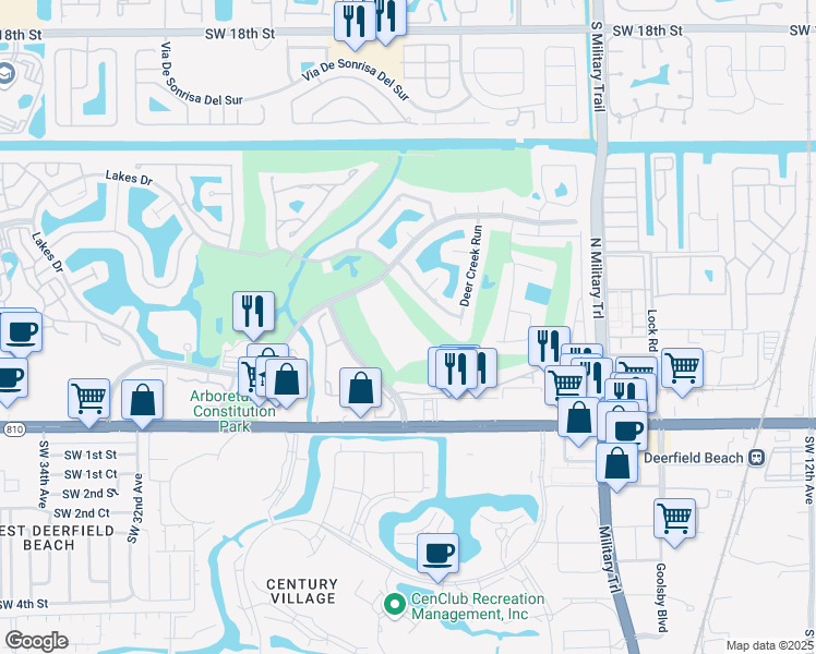 map of restaurants, bars, coffee shops, grocery stores, and more near 2306 Deer Creek Trail in Deerfield Beach