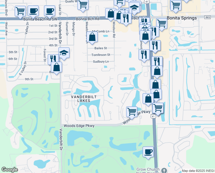 map of restaurants, bars, coffee shops, grocery stores, and more near 28615 Clinton Lane in Bonita Springs