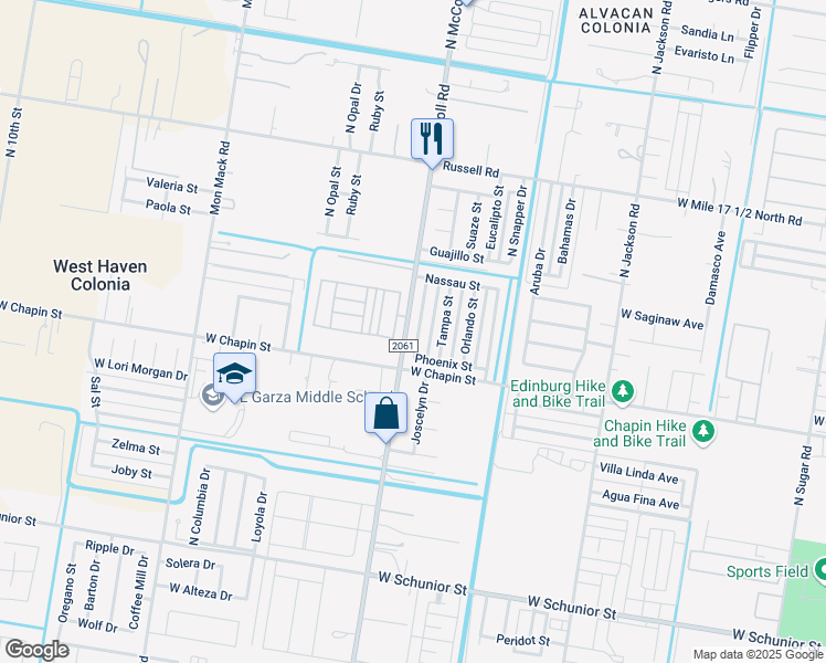 map of restaurants, bars, coffee shops, grocery stores, and more near 1509 Phoenix Street in Edinburg