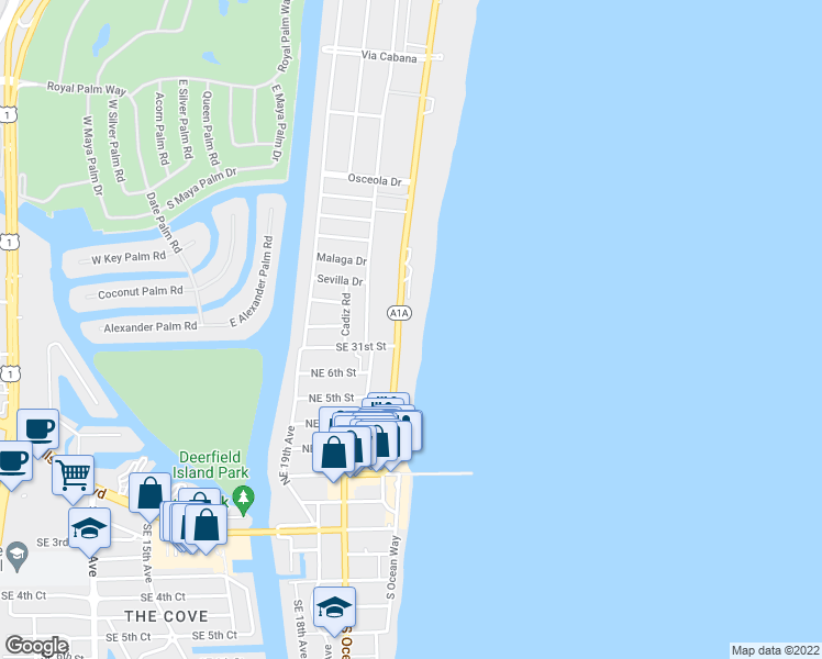 map of restaurants, bars, coffee shops, grocery stores, and more near 3000 South Ocean Boulevard in Boca Raton