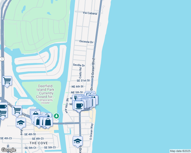 map of restaurants, bars, coffee shops, grocery stores, and more near 3000 South Ocean Boulevard in Boca Raton