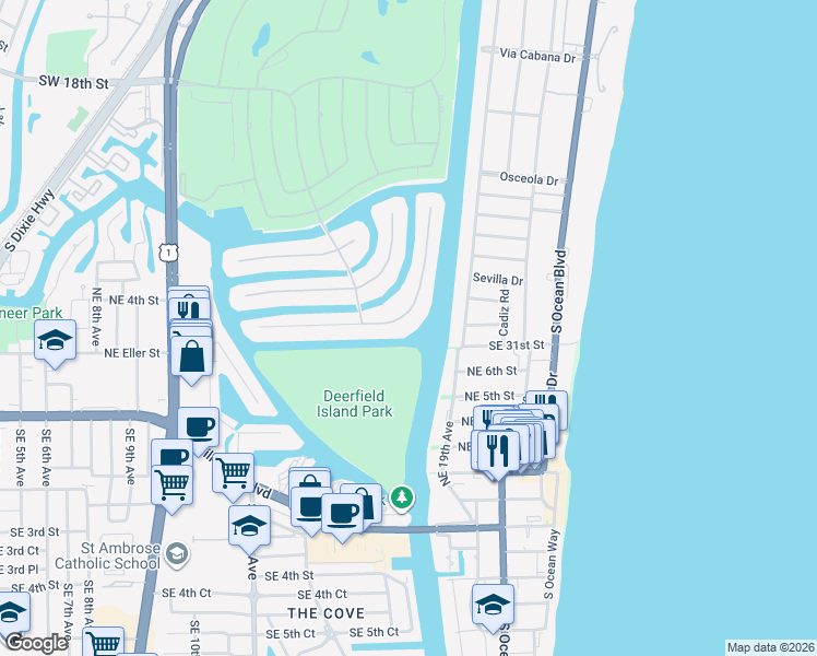 map of restaurants, bars, coffee shops, grocery stores, and more near 361 East Alexander Palm Road in Boca Raton