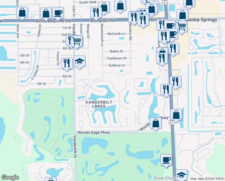 map of restaurants, bars, coffee shops, grocery stores, and more near 28350 Winthrop Circle in Bonita Springs
