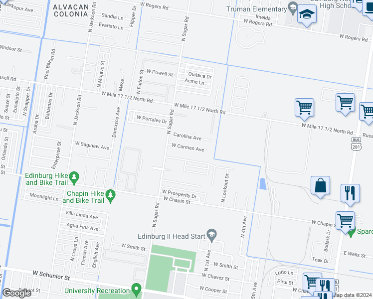 map of restaurants, bars, coffee shops, grocery stores, and more near 1312 West Carmen Avenue in Edinburg