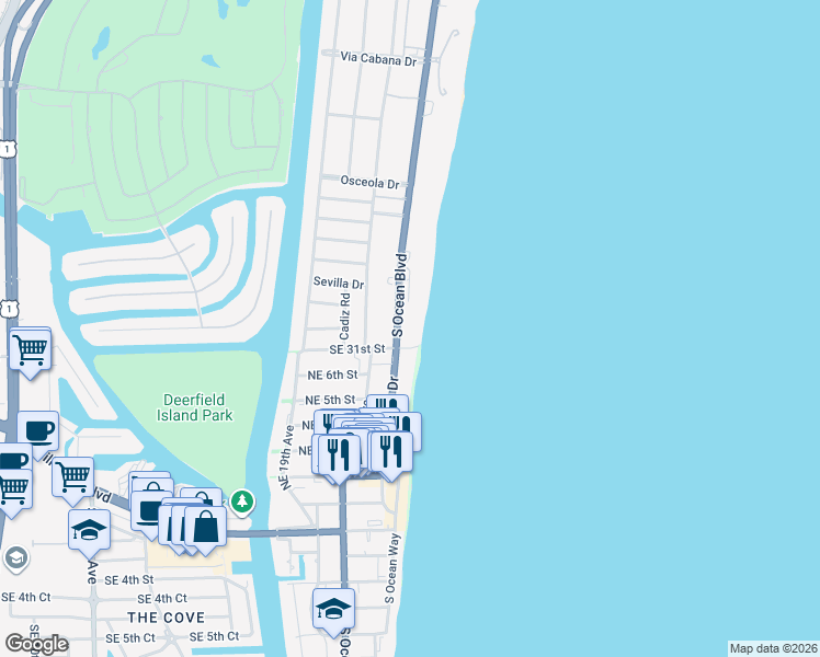 map of restaurants, bars, coffee shops, grocery stores, and more near 3000 South Ocean Boulevard in Boca Raton
