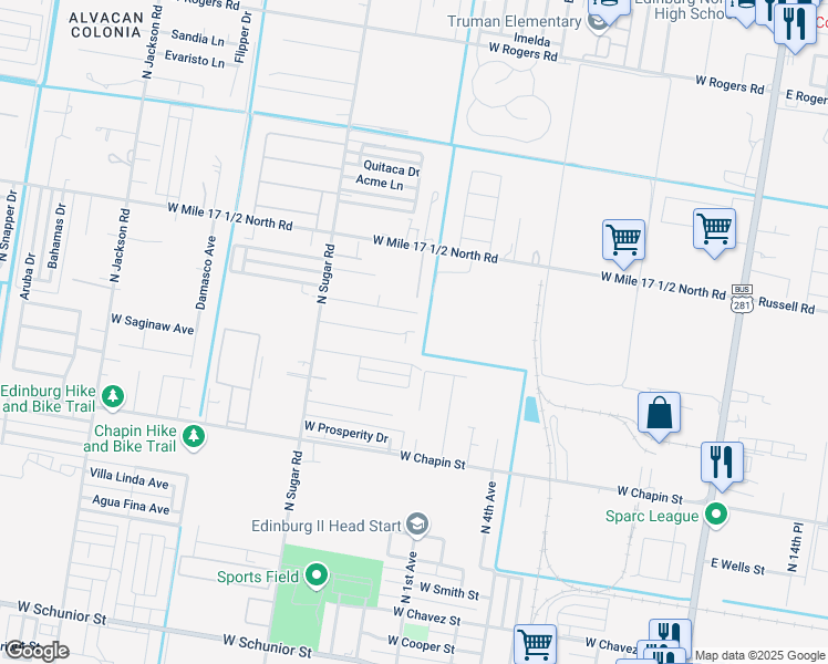 map of restaurants, bars, coffee shops, grocery stores, and more near 1302 Carolina Avenue in Edinburg