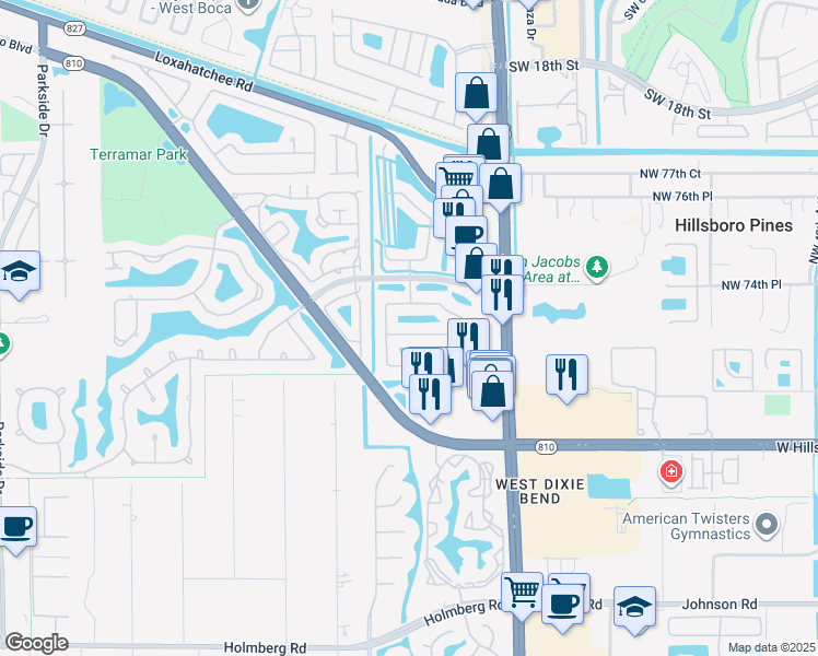 map of restaurants, bars, coffee shops, grocery stores, and more near 6007 Northwest 73rd Court in Parkland