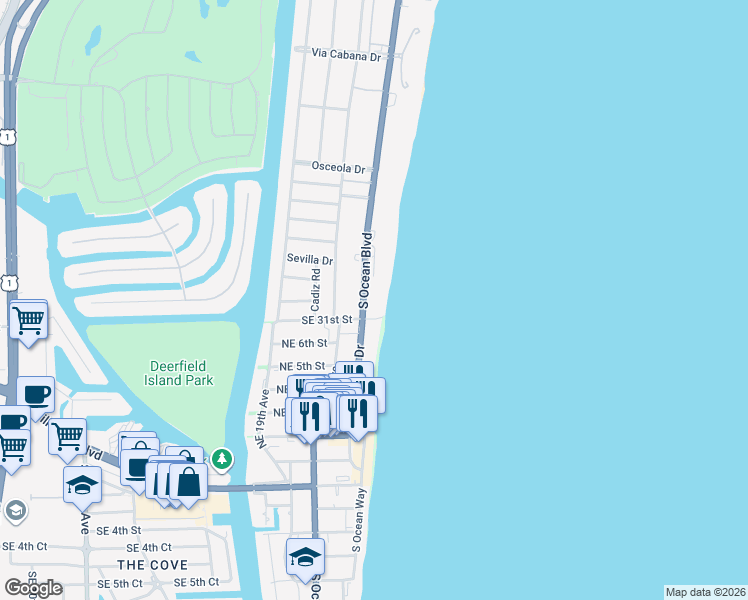 map of restaurants, bars, coffee shops, grocery stores, and more near 3000 South Ocean Boulevard in Boca Raton