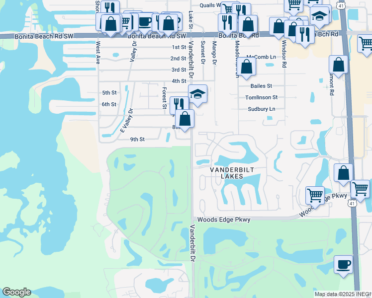 map of restaurants, bars, coffee shops, grocery stores, and more near 121 Audubon Boulevard in Naples