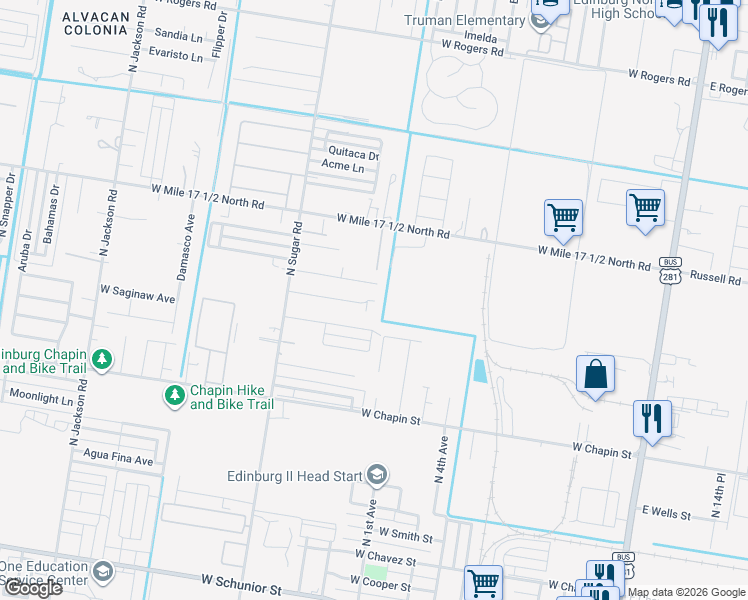 map of restaurants, bars, coffee shops, grocery stores, and more near 1302 Carolina Avenue in Edinburg