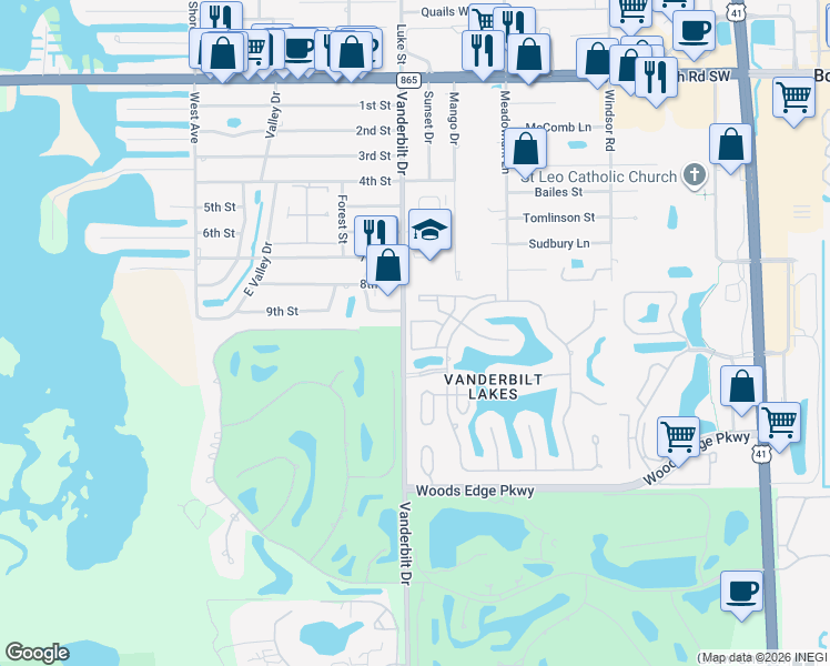 map of restaurants, bars, coffee shops, grocery stores, and more near 121 Audubon Boulevard in Naples