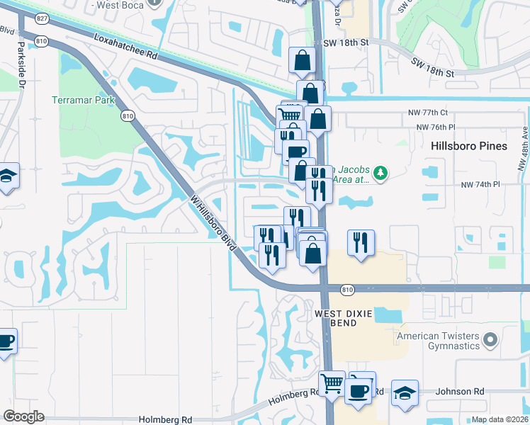 map of restaurants, bars, coffee shops, grocery stores, and more near 6007 Northwest 73rd Court in Parkland