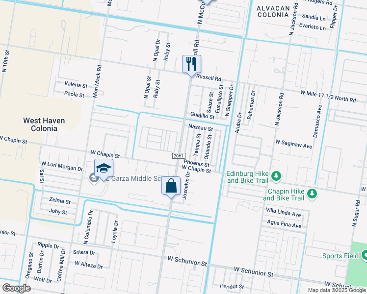 map of restaurants, bars, coffee shops, grocery stores, and more near 2606 Phoenix Street in Edinburg