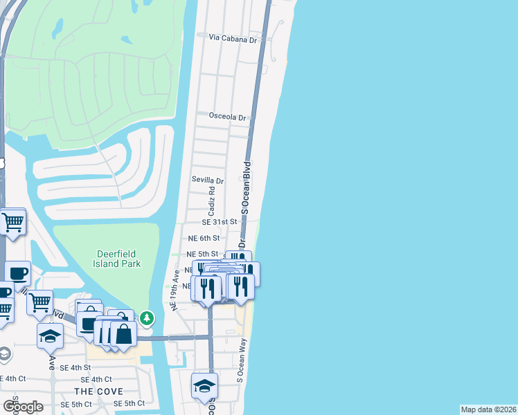 map of restaurants, bars, coffee shops, grocery stores, and more near 3000 South Ocean Boulevard in Boca Raton