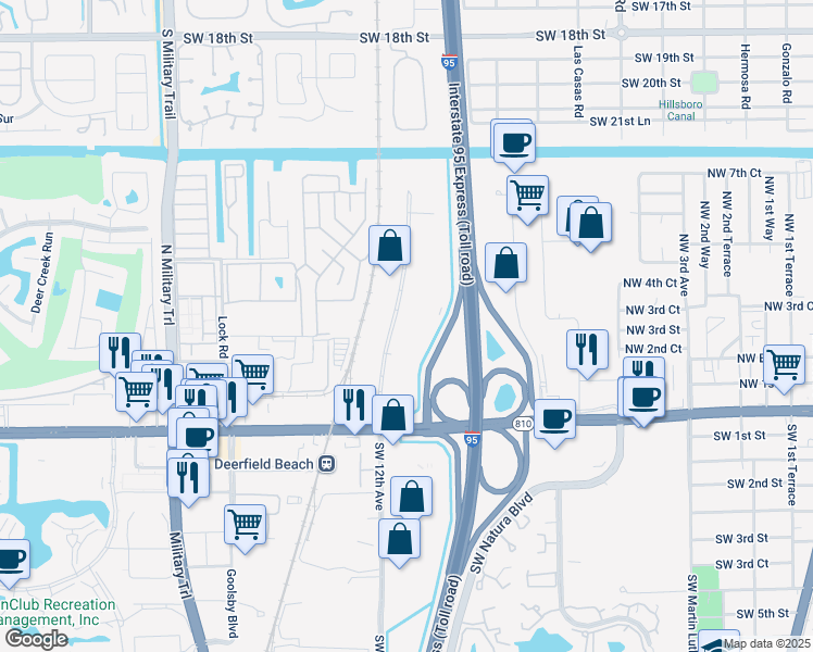 map of restaurants, bars, coffee shops, grocery stores, and more near 350 Jim Moran Boulevard in Deerfield Beach