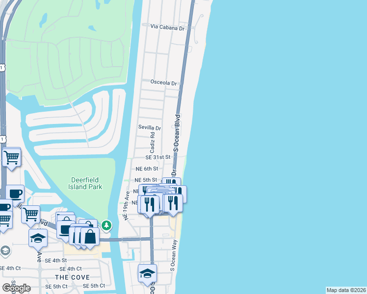 map of restaurants, bars, coffee shops, grocery stores, and more near 3000 South Ocean Boulevard in Boca Raton
