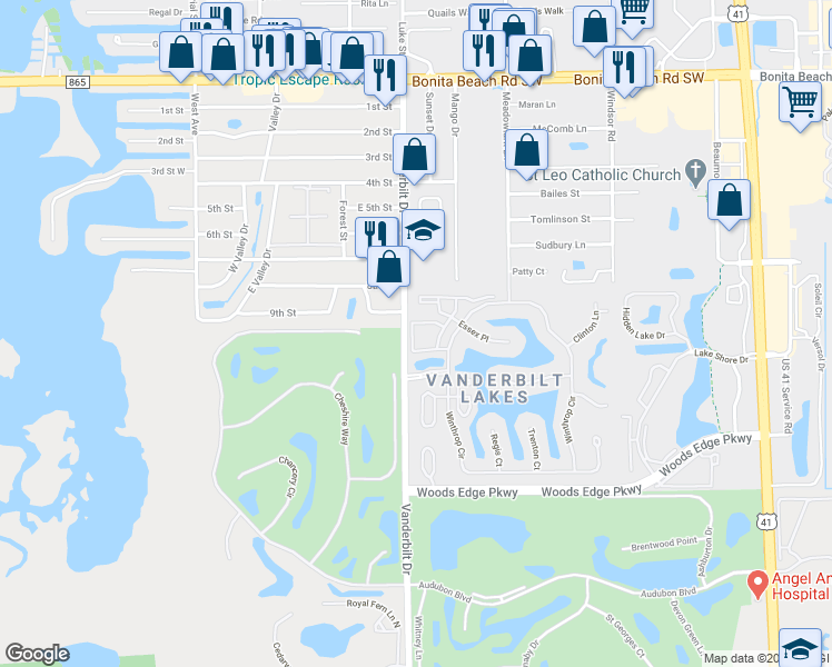 map of restaurants, bars, coffee shops, grocery stores, and more near 121 Audubon Boulevard in Naples