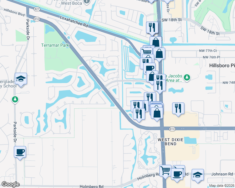 map of restaurants, bars, coffee shops, grocery stores, and more near 7352 Northwest 61st Terrace in Parkland
