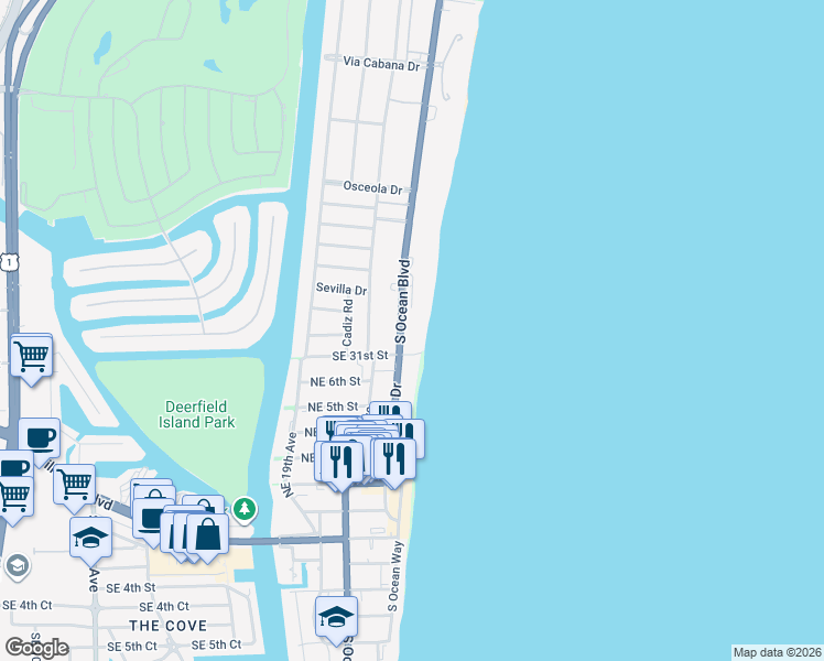 map of restaurants, bars, coffee shops, grocery stores, and more near 3000 South Ocean Boulevard in Boca Raton