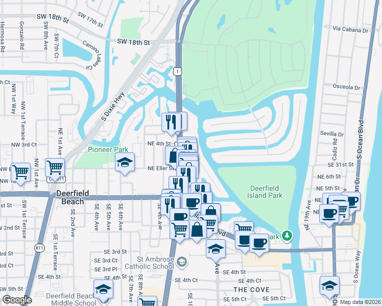 map of restaurants, bars, coffee shops, grocery stores, and more near 230 North Federal Highway in Deerfield Beach