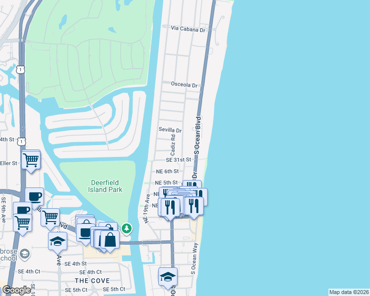map of restaurants, bars, coffee shops, grocery stores, and more near 2929 South Ocean Boulevard in Boca Raton