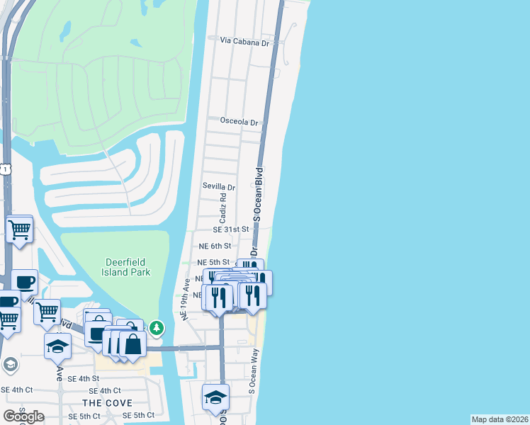map of restaurants, bars, coffee shops, grocery stores, and more near 3000 South Ocean Boulevard in Boca Raton