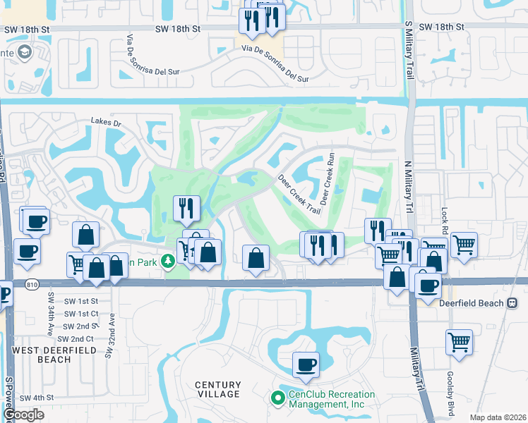 map of restaurants, bars, coffee shops, grocery stores, and more near 2460 Country Club Boulevard in Deerfield Beach