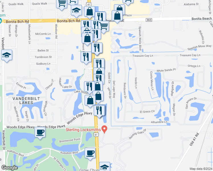 map of restaurants, bars, coffee shops, grocery stores, and more near 28521 Bonita Crossings Boulevard in Bonita Springs