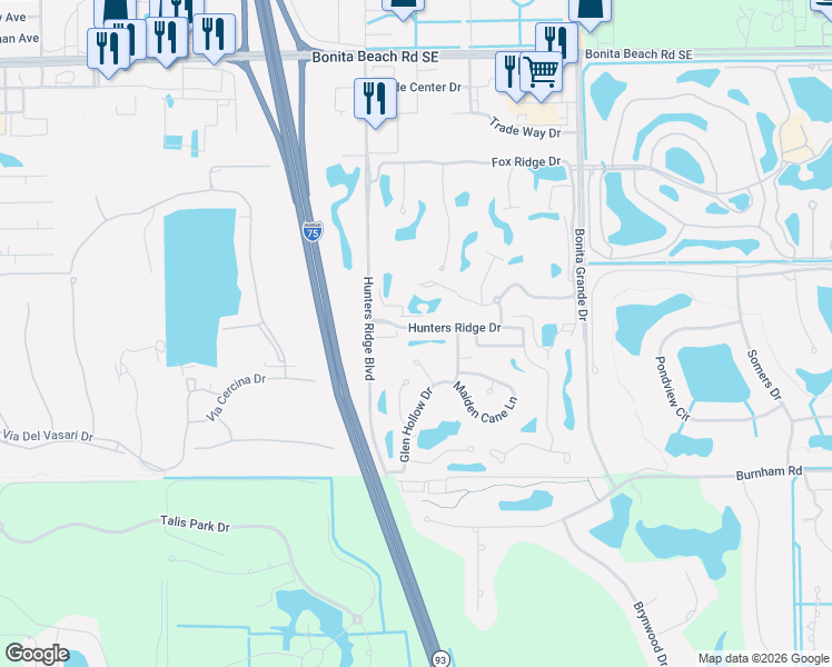 map of restaurants, bars, coffee shops, grocery stores, and more near 12621 Hunters Ridge Drive in Bonita Springs