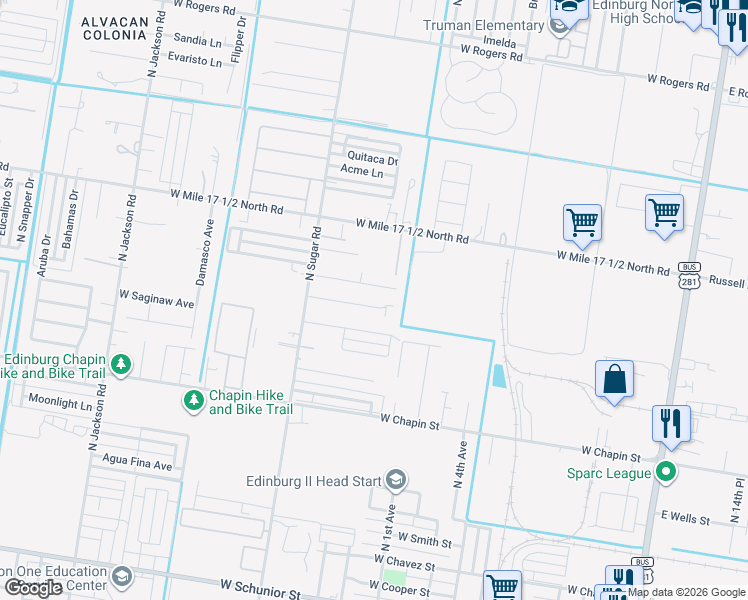map of restaurants, bars, coffee shops, grocery stores, and more near 1302 Carolina Avenue in Edinburg