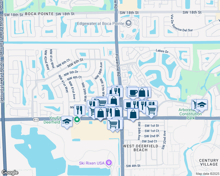 map of restaurants, bars, coffee shops, grocery stores, and more near 361 Northwest 36th Avenue in Deerfield Beach