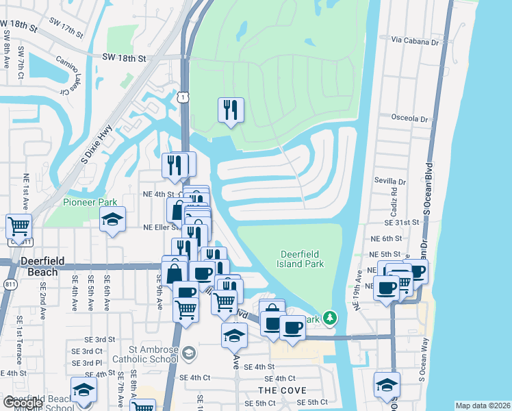 map of restaurants, bars, coffee shops, grocery stores, and more near 195 Alexander Palm Road in Boca Raton