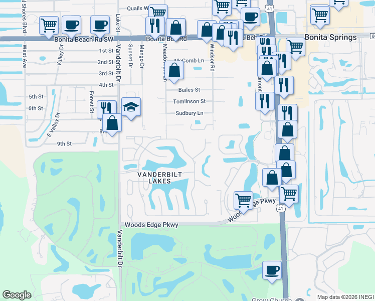 map of restaurants, bars, coffee shops, grocery stores, and more near 28350 Winthrop Circle in Bonita Springs