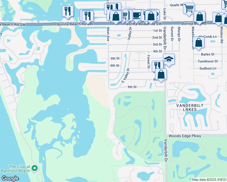 map of restaurants, bars, coffee shops, grocery stores, and more near 972 East Valley Drive in Bonita Springs