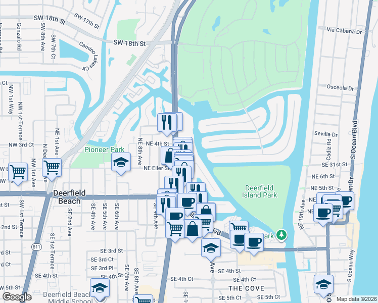 map of restaurants, bars, coffee shops, grocery stores, and more near 230 North Federal Highway in Deerfield Beach
