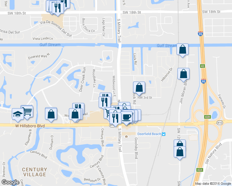 map of restaurants, bars, coffee shops, grocery stores, and more near 336 Wildwood Lane East in Deerfield Beach