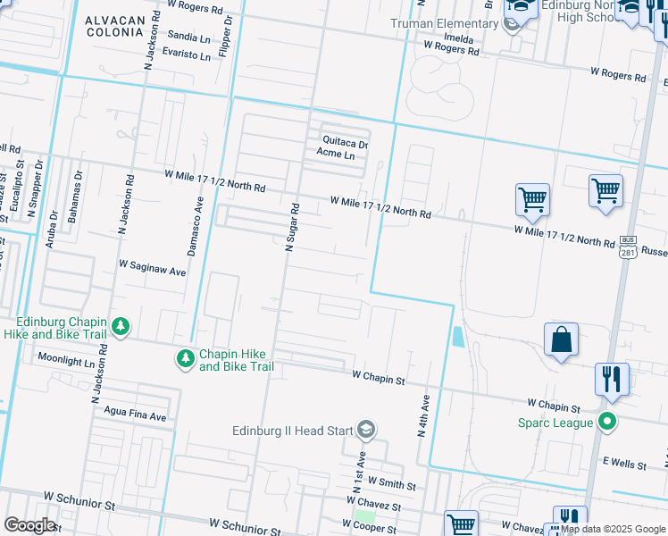 map of restaurants, bars, coffee shops, grocery stores, and more near 1405 West Carmen Avenue in Edinburg