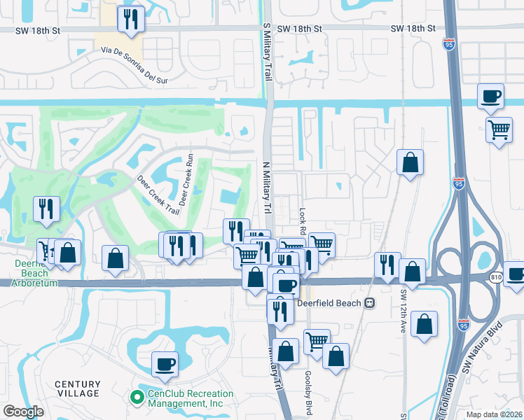map of restaurants, bars, coffee shops, grocery stores, and more near 320 Wildwood Lane East in Deerfield Beach