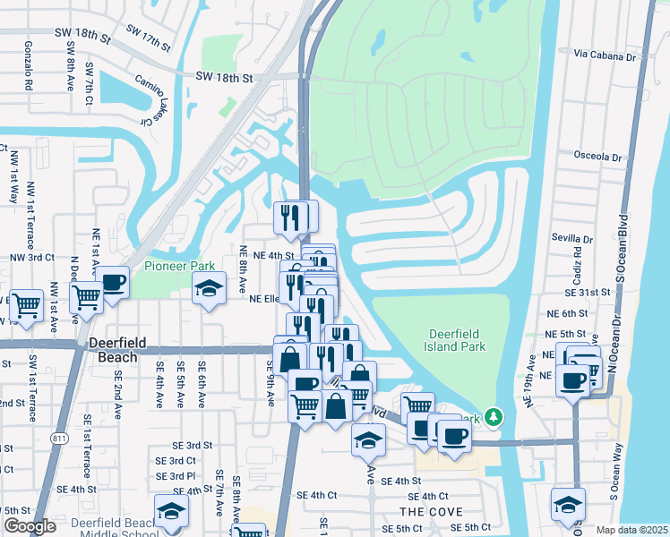 map of restaurants, bars, coffee shops, grocery stores, and more near 230 North Federal Highway in Deerfield Beach