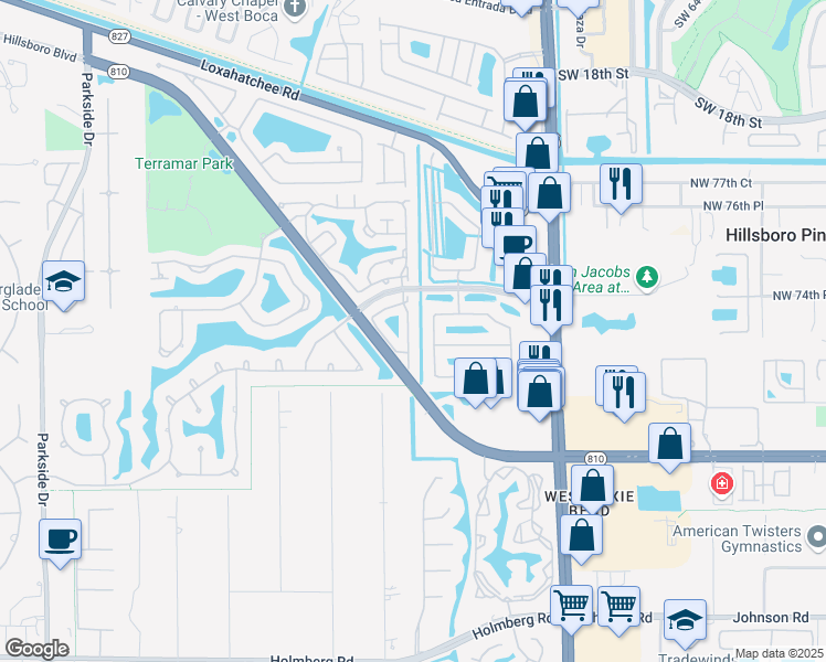 map of restaurants, bars, coffee shops, grocery stores, and more near 7350 Northwest 61st Terrace in Parkland